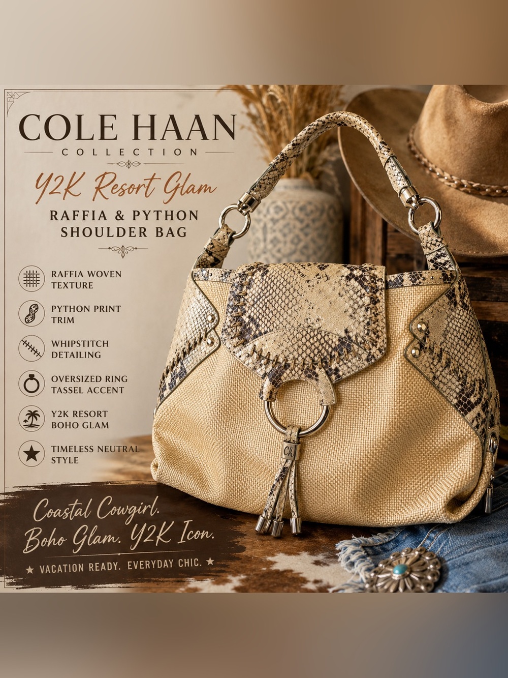 Cole Haan Collection Summer 2006 Raffia & Python Hobo Bag Y2K
